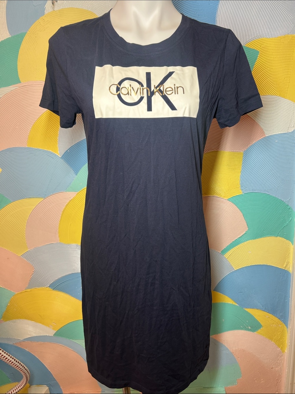 Calvin Klein Black Logo Midi Tee Dress with Cream Panel sz M